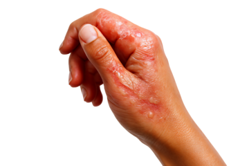 Close-up of a hand with skin condition, showcasing red, inflamed patches and blisters.