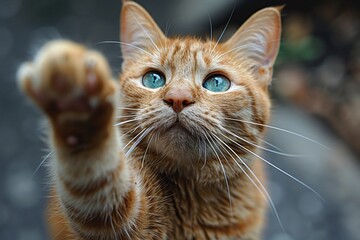 A ginger cat with bright blue eyes reaches out adorably.