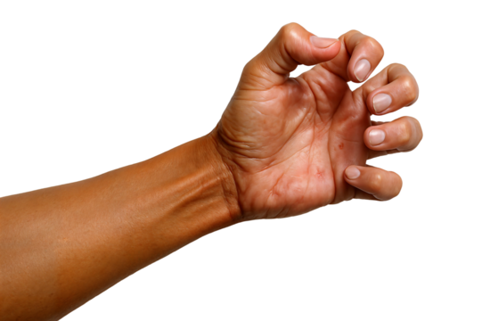 Close-up of a tan-skinned human hand with fingers curled inward, conveying a strong grip.