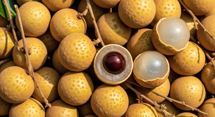 Longan Fruit Close-Up: Fresh Tropical Produce, Exotic Fruit Background with Peeled Longans and Brown Shells