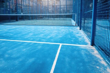 Bright blue padel court, enclosed by metal fencing