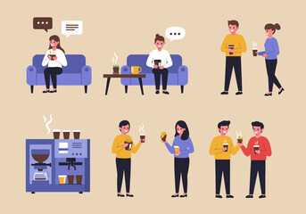 Obraz premium A collection of flat vector illustrations shows people enjoying a coffee break, socializing, and relaxing in a cafe or office setting.