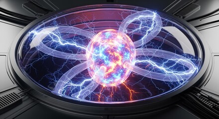 A futuristic device with a glowing orb surrounded by electrical currents inside a metallic enclosure