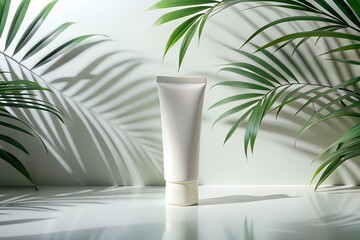 Fototapeta premium Photo of cosmetic tube mockup isolated on white background with tropical leaves