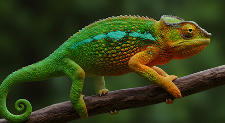 Obraz premium Vibrant chameleon perched on a branch showcasing its stunning color transformation wildlife