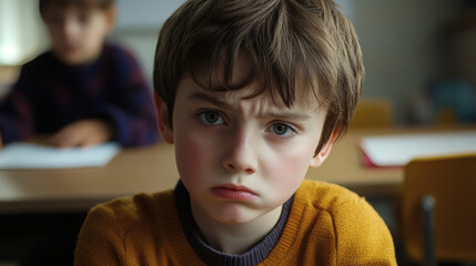 Close-up of a young boy in a classroom.