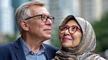 Happy senior man and woman in hijab smiling at the camera against a city background - Powered by Adobe