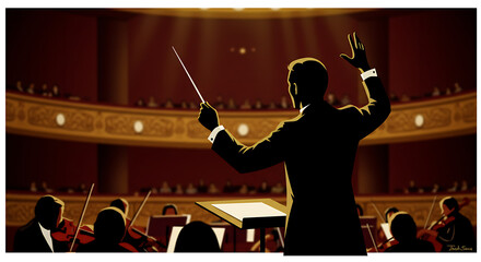 Fototapeta premium Maestro Conducting Symphony Orchestra in Grand Concert Hall