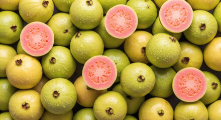 Close up of a pile of guava fruits with pink pulp, freshly picked and ready to eat, Tropical fruit background