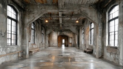 Obraz premium Empty, industrial-style hallway with large windows and exposed concrete