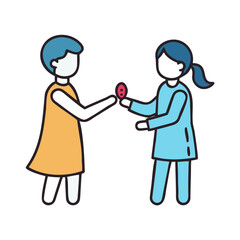 Two stylized figures one in orange and one in blue stand facing each other with one figure offering a small red object with two dots to the other