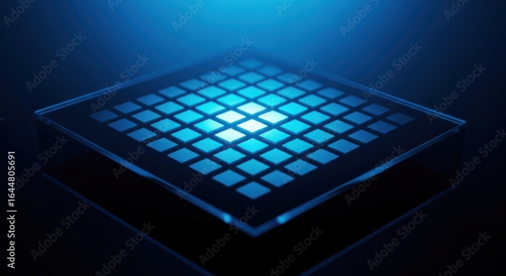 Poster grid of small, square lights within a clear cube against a dark backdrop