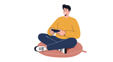Young Man Enjoying Video Games at Home, Relaxing on a Cushion and Holding a Controller for Leisure and Entertainment Projects