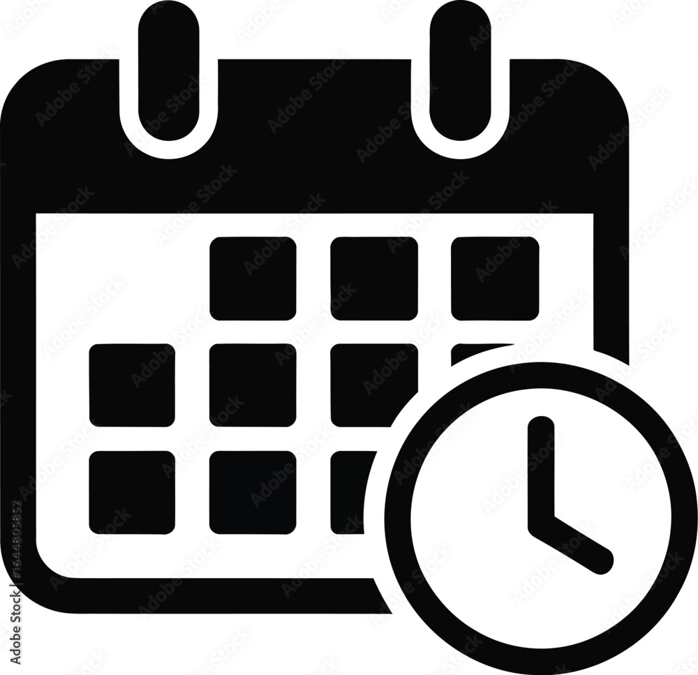 Poster black calendar icon with a clock symbol indicating time and scheduling