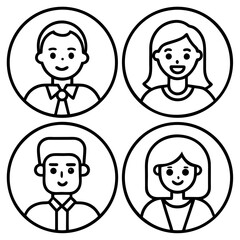 Four diverse people icons in circles representing a team or community with simplified faces and outlines on a white background