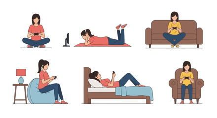 Diverse Poses of a Woman Using a Mobile Phone in Various Relaxing Settings Depicting Leisure and Connectivity for Modern Lifestyle Illustrations