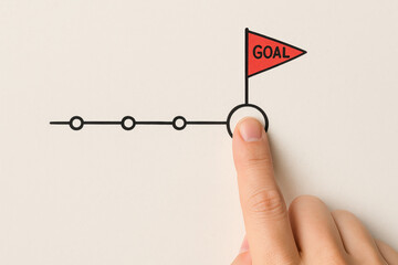 Finger pointing at goal flag on timeline symbolizing career progress and growth strategy for business success and goal achievement