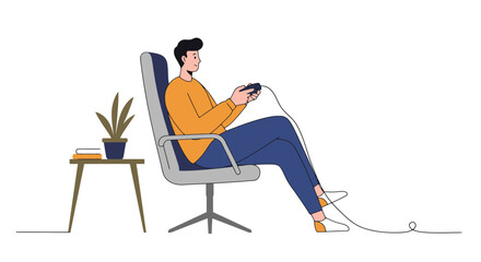 Isolated Gamer Illustration Depicting a Young Man Seated and Immersed in a Video Game, Suitable for Promoting Gaming Products, Mental Health Awareness, and Leisure Activities
