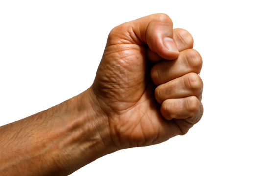 A strong and determined male hand, clenched into a fist against a black background.