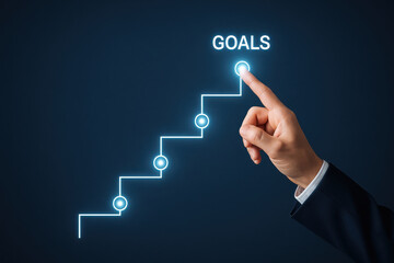 Business success and career progress depend on clear growth strategy and goal achievement shown by hand pointing at illuminated steps leading to goals in dark background