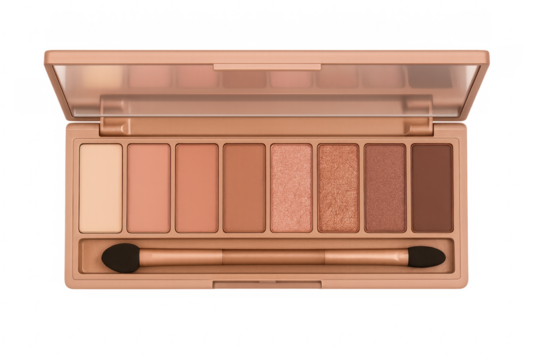 Eyeshadow palette showing various shades of brown makeup with applicator brush on transparent background
