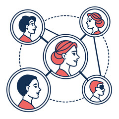 Diverse group of people connected in a network diagram illustrating communication and collaboration in a modern digital world