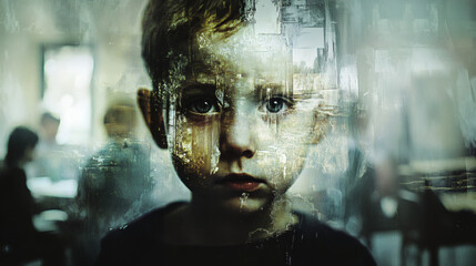 A boy's pensive face, overlaid with fragmented urban imagery.