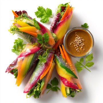 Rainbow vegetable spring rolls with peanut dipping sauce
