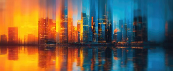 Obraz premium Blurry city skyline at dawn/dusk reflected in water