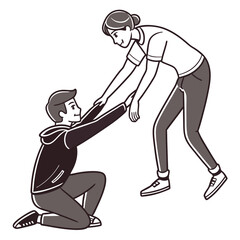 A caring woman extends a helping hand to a man kneeling down symbolizing support assistance and teamwork in a simple illustration