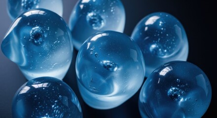 Group of translucent blue pebbles with internal bubbles on dark surface