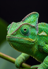 Obraz premium Stunning close-up portrait of a vibrant green chameleon perched on a branch, showcasing intricate scales and a curious eye, perfect for nature and wildlife themes.