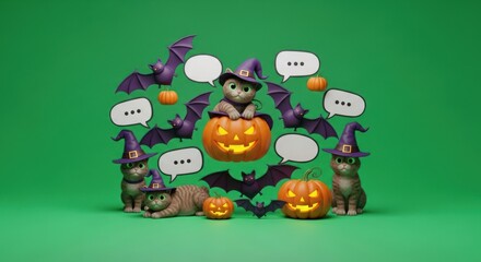 Fototapeta premium Halloween cats and bats surrounding pumpkins with speech bubbles on green