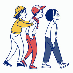 Fototapeta premium Three diverse young friends walking together in a line one person gently guiding another by the shoulders showcasing friendship and unity in a modern stylized illustration
