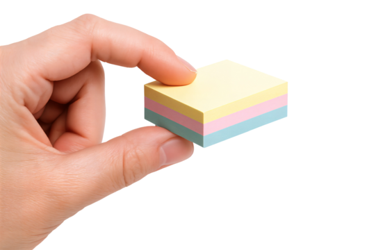 A hand holding a colorful stack of sticky notes, showcasing pastel shades for organization.