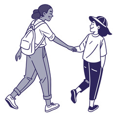 Two diverse young women walking together holding hands one with a backpack conveying friendship and connection