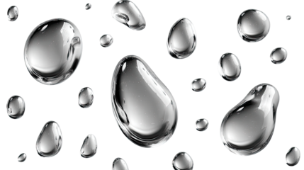 Water Droplet: Transparent droplets of various sizes glisten, captured in high-definition, appearing in dynamic suspension against a clean backdrop, evoking freshness and purity.