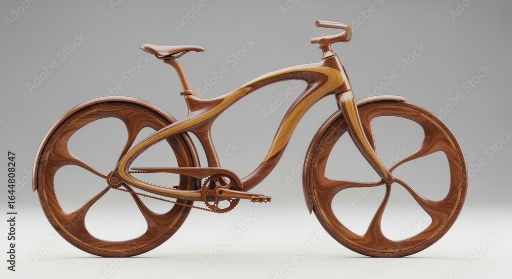 Poster a wooden bicycle with curved frame and wheels, showcasing craftsmanship and unique design elements o