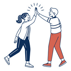 Two happy friends a girl and a boy giving each other a high five gesture of celebration and success