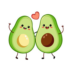 Two adorable cartoon avocados with happy faces and a pink heart above them representing love and friendship isolated on a black background