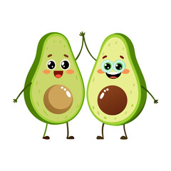 Two happy cartoon avocados giving a high five with their arms raised in celebration and smiling faces with rosy cheeks