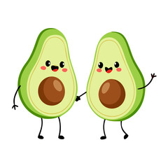 Two cute cartoon avocados with happy faces and arms waving isolated on a black background representing friendship and healthy eating