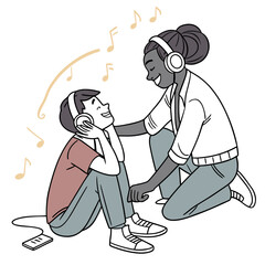 Joyful young people sharing music through headphones connected by a shared listening experience and happy smiles with musical notes floating around them