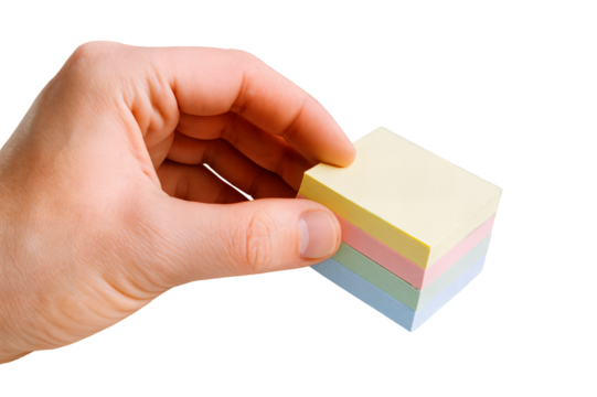 A hand holding a stack of colorful sticky notes in pastel shades against a white background.
