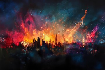 Fireworks over abstract city silhouette colorful explosions dark sky