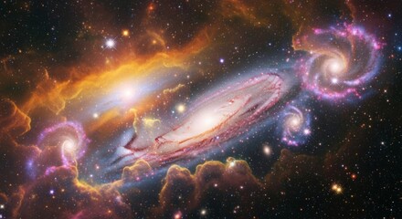 A vibrant cosmic spectacle showcasing a central spiral galaxy surrounded by smaller, interacting galaxies and nebulae, painted with hues of orange, purple, a...