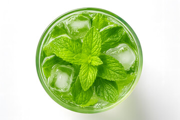Refreshing mint mojito cocktail with ice cubes and green mint leaves, perfect for summer drinks, parties, and tropical vibes