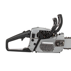Modern new motor chain saw front side view isolated