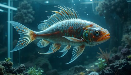 Fototapeta premium Mutant fish in transparent futuristic aquarium, glowing with harmful toxins. 