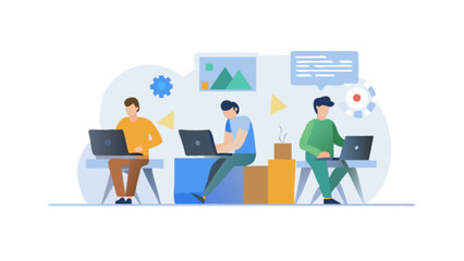 Three people working on laptops in a bright and modern office environment with abstract elements